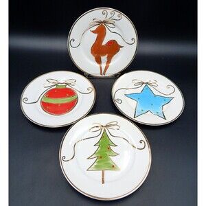 Pier 1 Hand Painted Christmas Dessert Salad Dishes Reindeer Tree Stars Set of 4